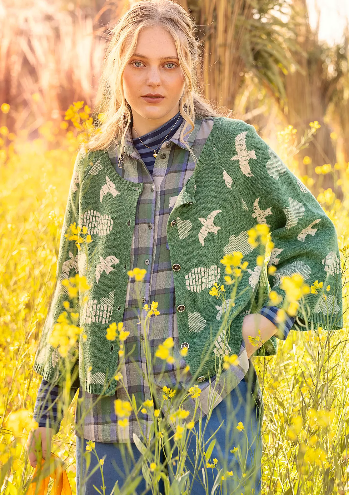 Strickjacken^Gudrun Sjödén Strickjacke „Flyttfågel“ aus Recycling-Wollmischung/Recycling-Baumwolle Meeresgrün-melange